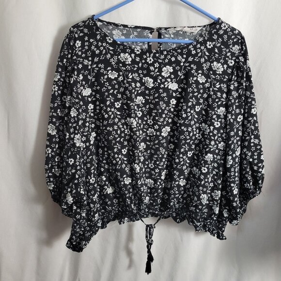 Vanilla Star Blouse Rayon Floral Black White tie waist BOHO frilly puff tasseled - Picture 1 of 11